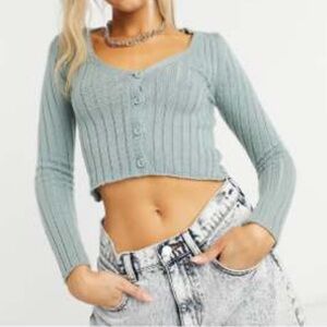 Collusion Cropped Ripped Long Sleeve Cardigan-Olive Green